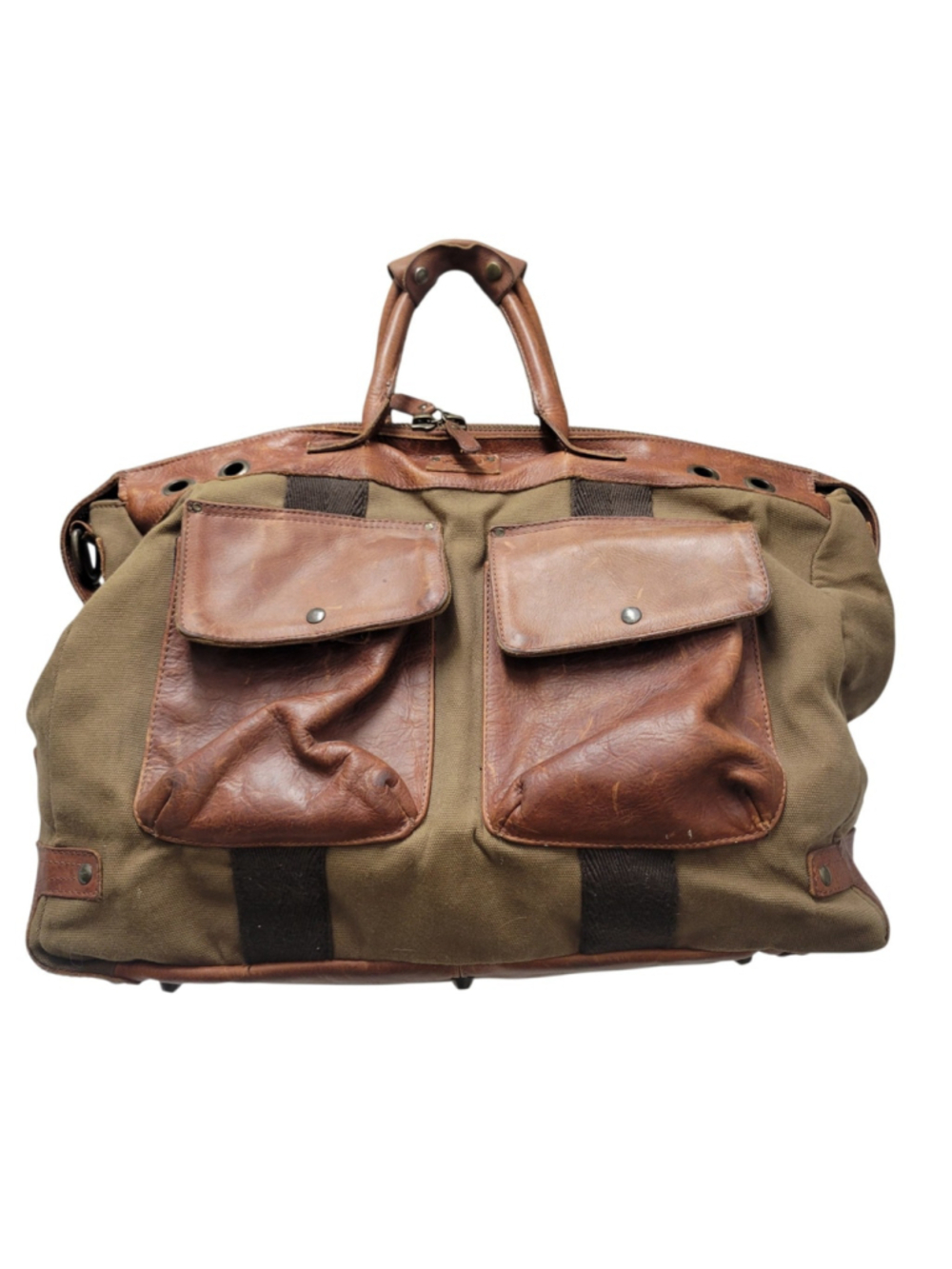 WILL Leather Goods Travel Duffle Bag Weekend Carry-On Brown Canvas/Leather Trim
